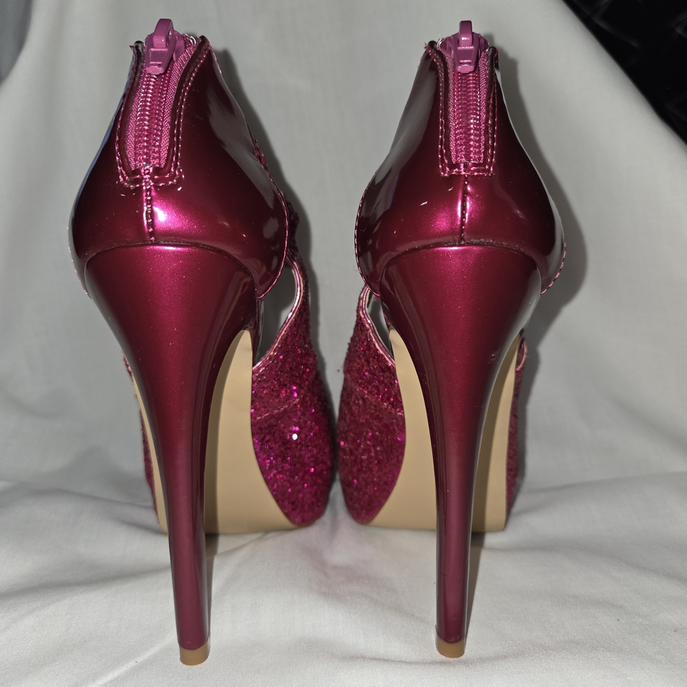 Shoe Dazzle Fuchsia Glitter Double-Strap Platform Heels - Picture 3 of 9